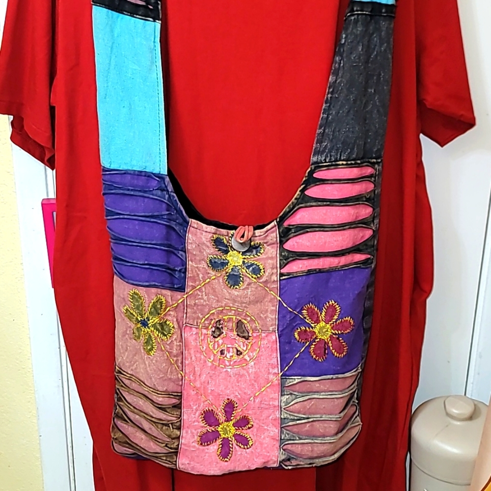 Bohemian vintage fabric bag multicolored peace flower power design Crossbody